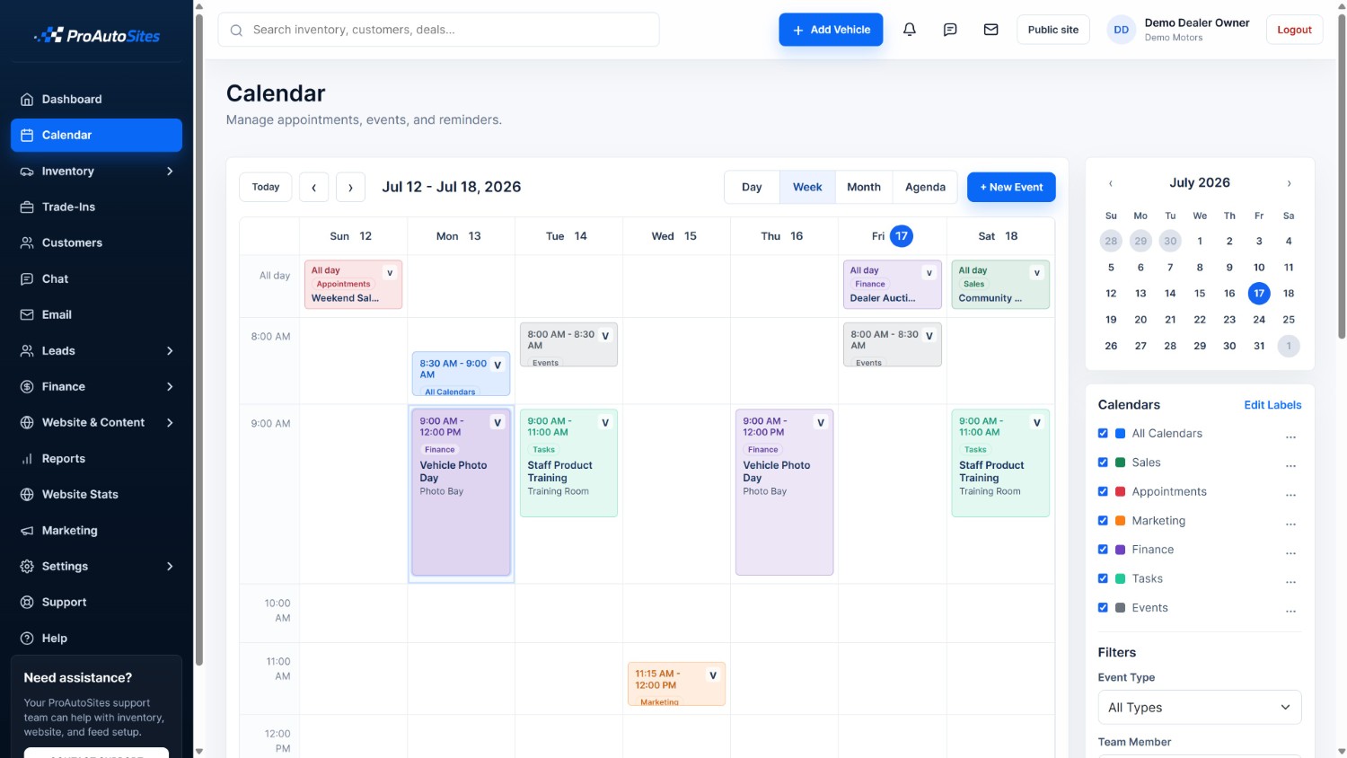 ProAutoSites dealership calendar with appointments, tasks, and events