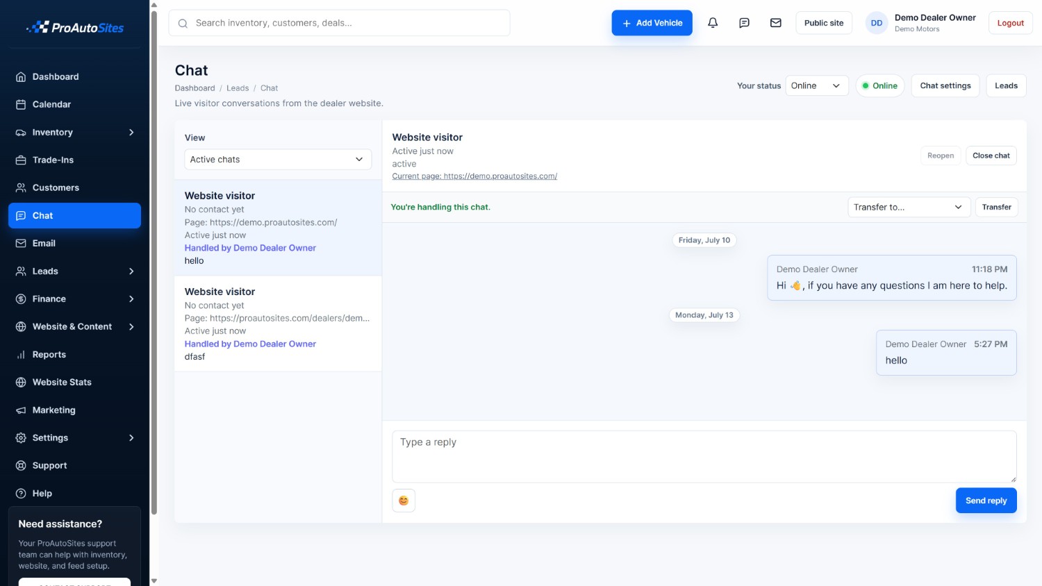 ProAutoSites website chat inbox with active visitor conversations