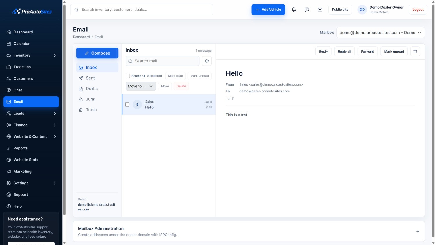 ProAutoSites dealer email inbox and message view