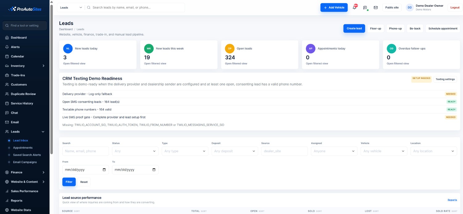 ProAutoSites lead dashboard with pipeline totals, filters, and follow-up tools