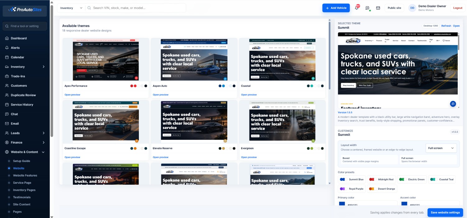 ProAutoSites website design and template management screen